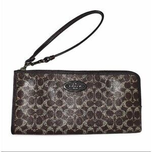 Coach Universal Signature Brown White L Zip Coated Canvas Wristlet, NWOT